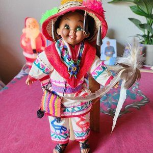 Vintage Huichol Mexican Folk Art Native Boy Doll Traditional Costume 70s